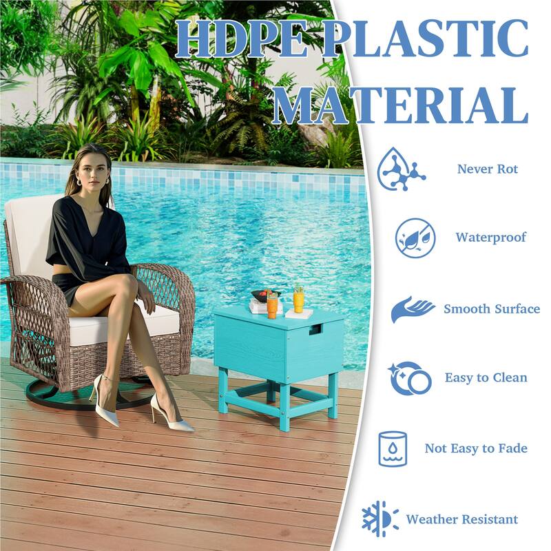 Outdoor Patio Weather Resistant HDPE Coffee & Side Table, Build-in Stainless Steel Cooler Bucket
