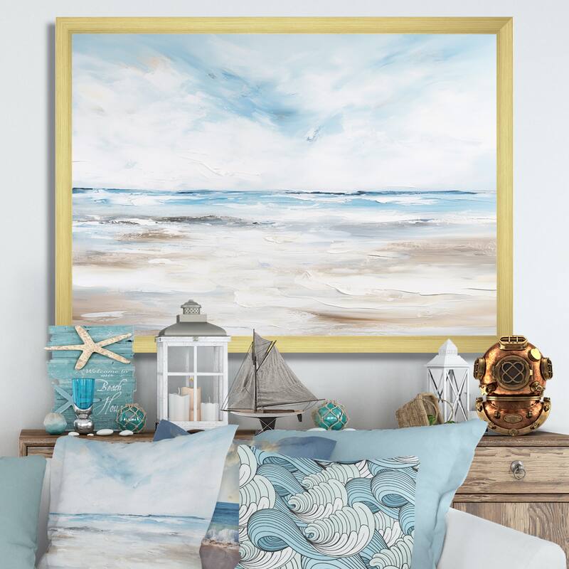 Designart "Coastal Beach Minimal Scenery I" Coastal Ocean Framed Canvas Wall Art