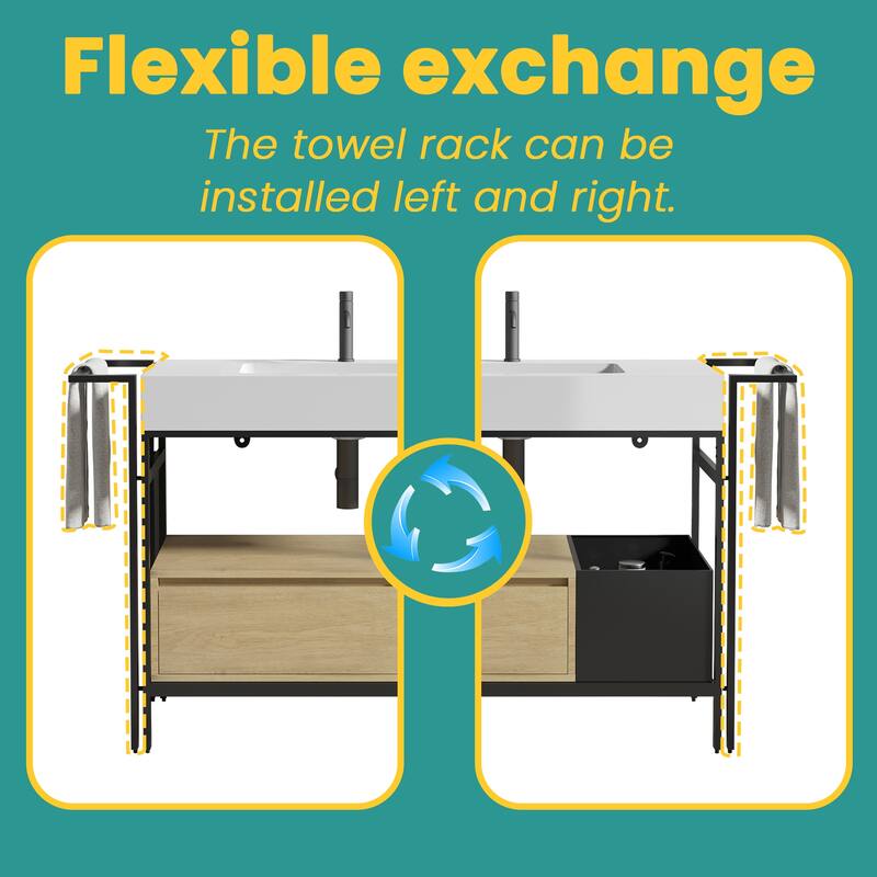 GDFStudio - Forte Industrial Metal Frame Bathroom Vanity with Artificial Stone Basin, Towel Rack & Open Storage