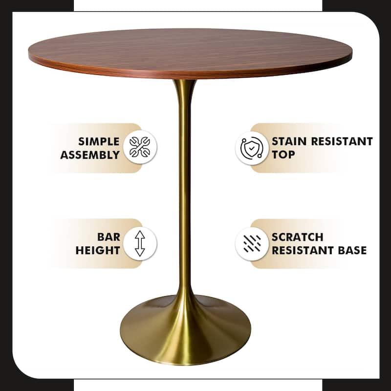 LeisureMod Verve 36" Round Dining Table with MDF Wood TableTop and Brushed Gold Base for Kitchen & Dining Room