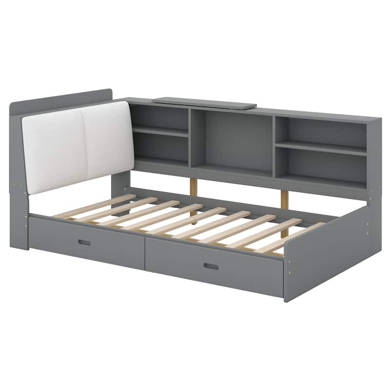 Twin Size Bed with Storage Headboard, Shelves, Drawers
