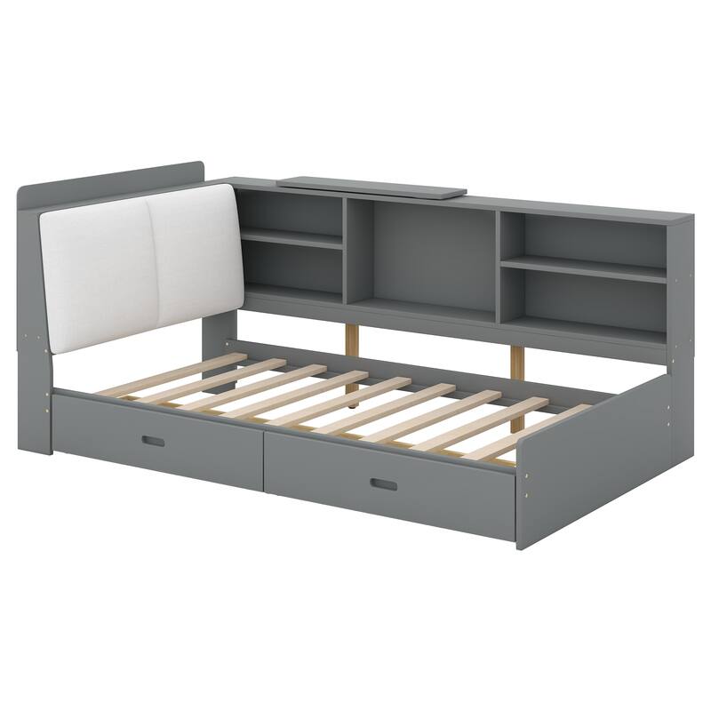 Twin Size Platform Bed with Storage Headboard, Shelves, and 2 Drawers in Gray