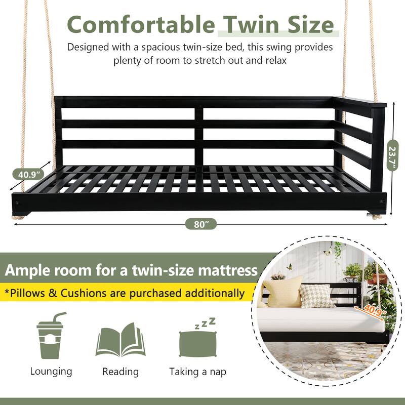 Patio Wooden Twin Size Swing Daybed Porch Swing Frame With Hemp Ropes (Excluding the table)
