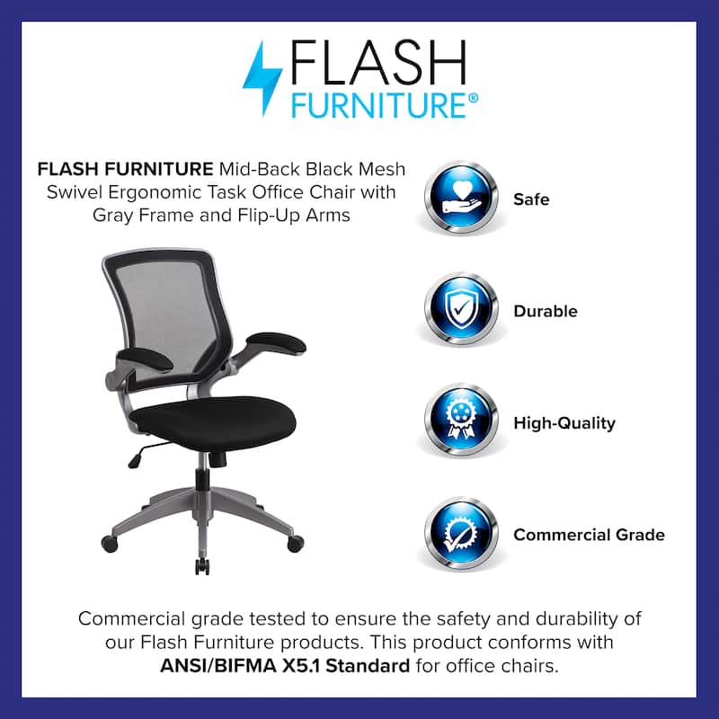 Mid-Back Mesh Swivel Ergonomic Task Office Chair with Gray Frame and Flip-Up Arms