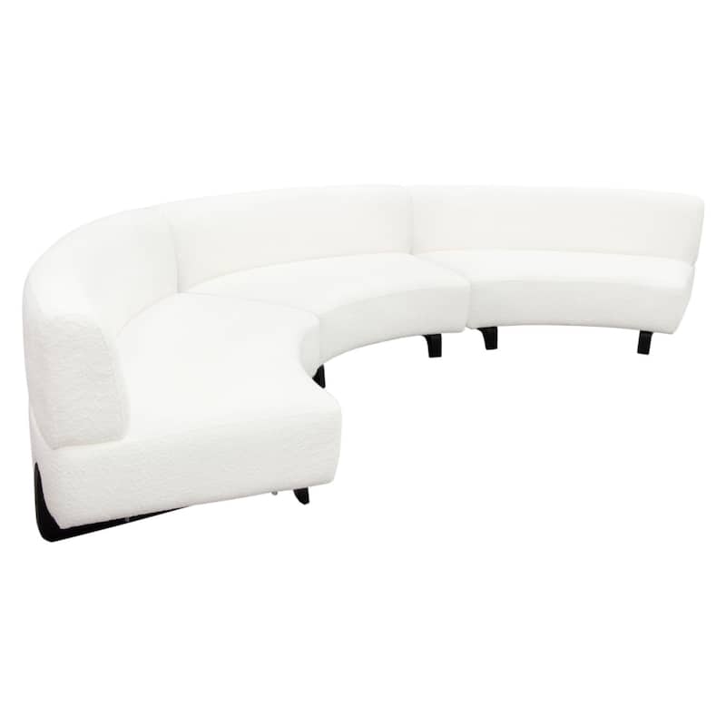 Ikka 3pc Curved Modular Sofa, White Faux Shearling, Black Wood Base
