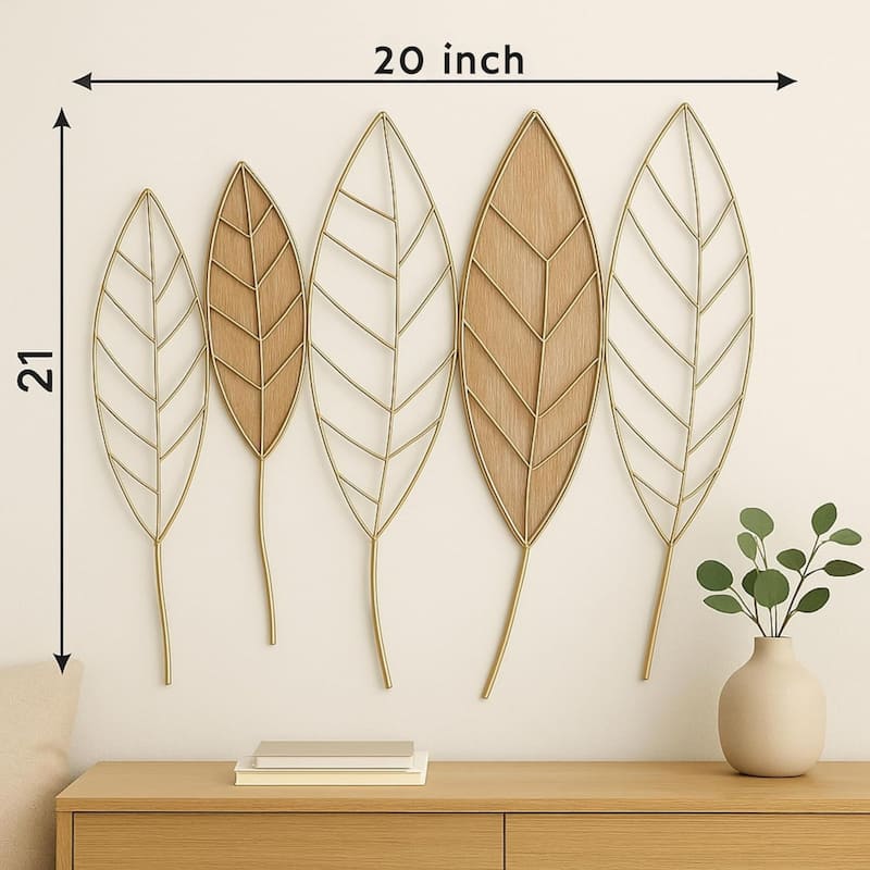 Gold Leaf Wall Art Vertical Metal Botanical Minimalist Sculpture 21x20