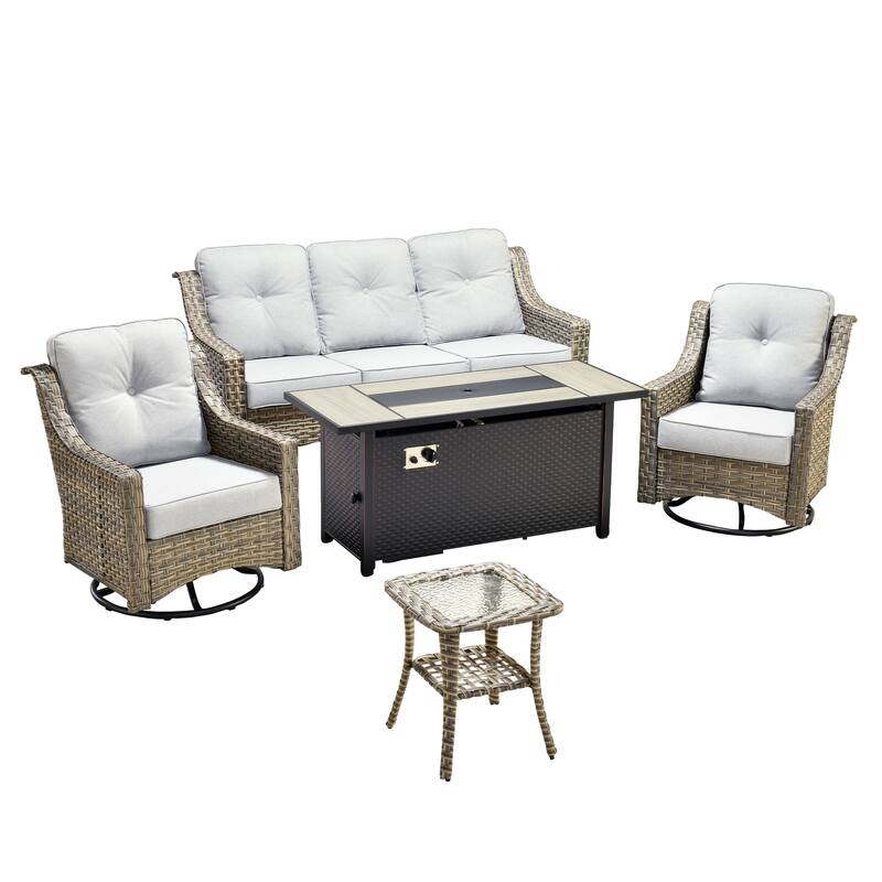 XIZZI 5-Piece Wicker Patio Furniture Set with Sofa, Swivel Chairs & Fire Pit