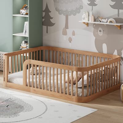 Floor Bed Frame with Fence, Montessori Toddler Bed, No Slats, No Doors, Rounded Corners Wooden Bed