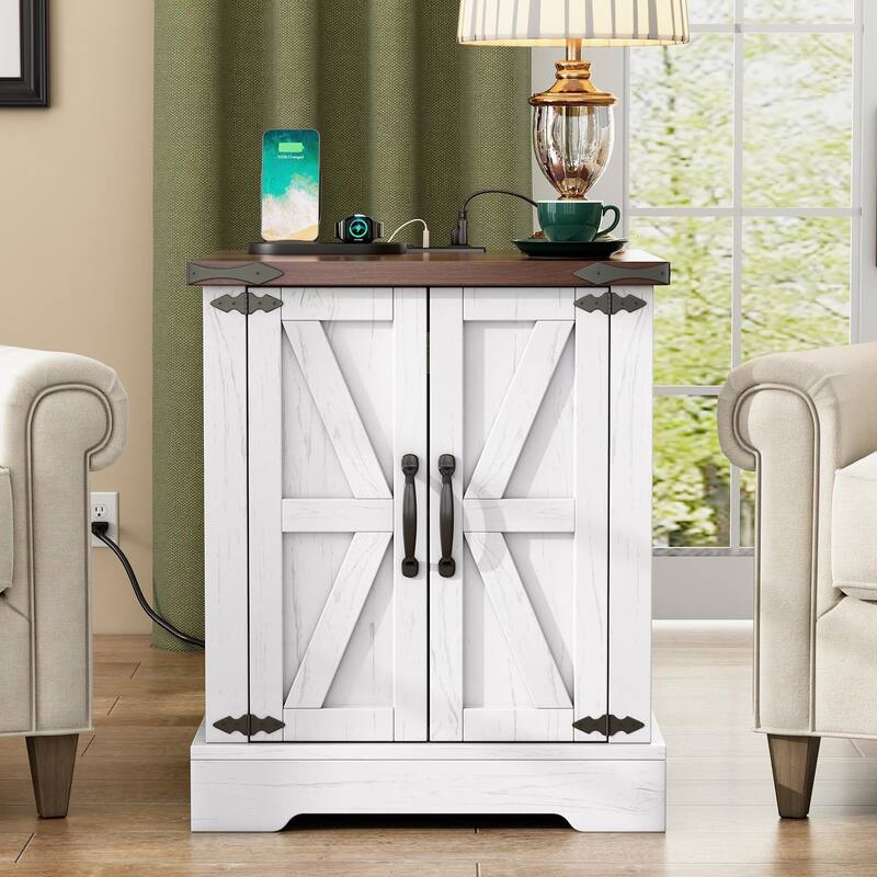 19.6" Rustic Grey End Table with 2‑AC + 2‑USB Charging, Barn‑Door & Adjustable Shelf