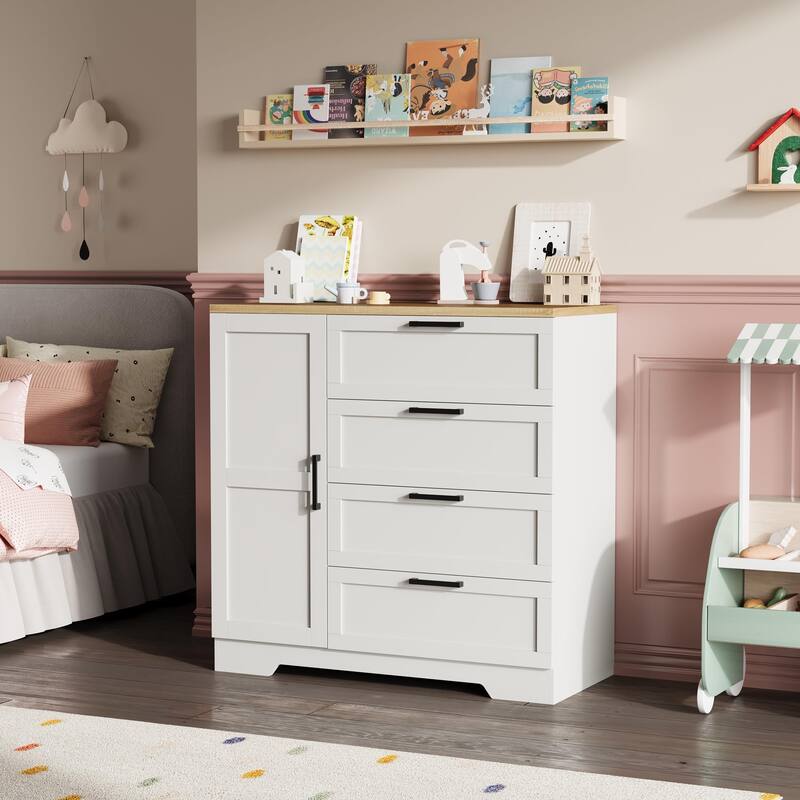 43.3'' Small Wardrobe Closet, Wardrobe Cabinet with Door, 4 Drawers and Handing Rod, Wooden Clothes Cabinet