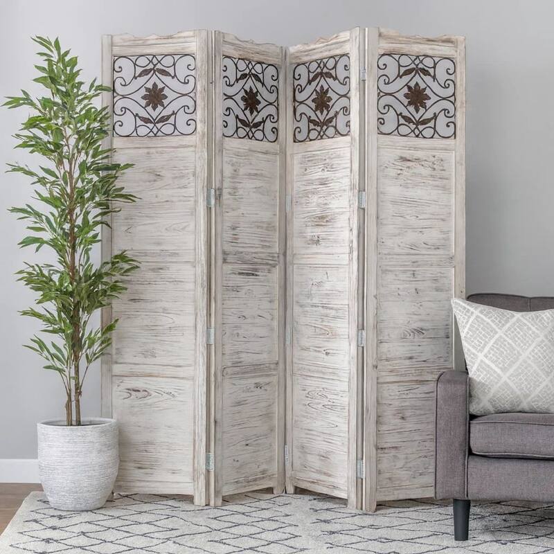 Wooden 4 Panel Screen with Textured Panels and Scrolled Details, White
