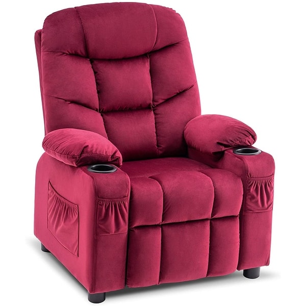 slide 2 of 9, MCombo Big Kids Recliner Chair with Cup Holders , Velvet Fabric Burgundy