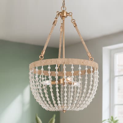 Farmhouse Metal Boho Beaded 3-Light Cage Chandelier Island Lights for Foyer Entry Dining Space - Dia. 17" x H 28.5"