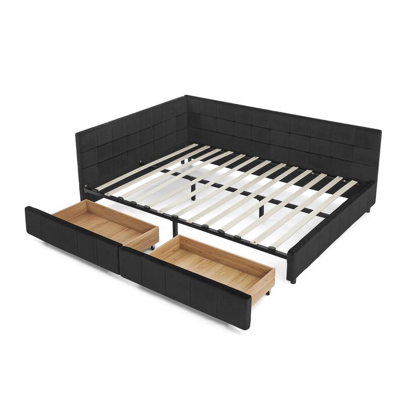 Queen Size Velvet Upholstered Bed Frame with Storage, Backrest, and Armrests for Bedroom or Living Room