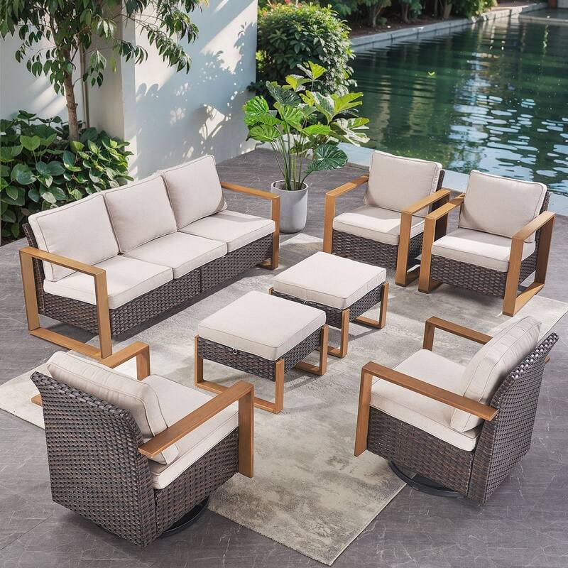 Pocassy 7 Pieces Outoor Patio Sofa Swivel Chair Ottoman Set - Beige cushion - Brown Wicker
