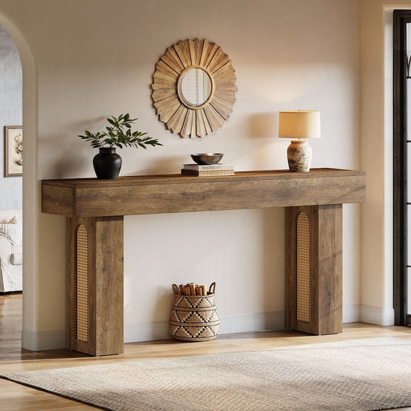 63'' Rattan Entryway Console Table Farmhouse Sofa Table