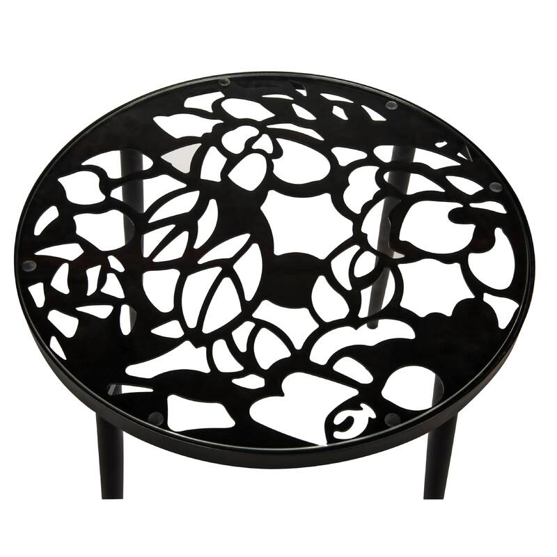Devon Decorative Modern Floral Cutout Glass Top Patio Coffee Side Table with Aluminum Frame for Indoor Outdoor - 23 x 23