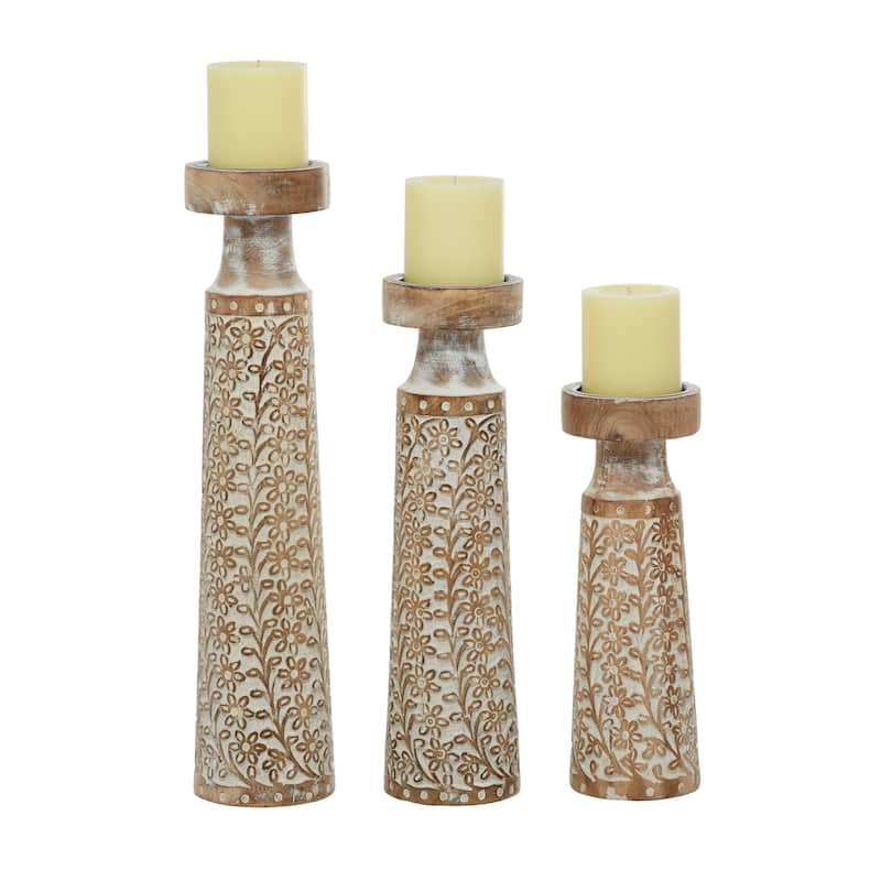 Mango Wood Floral Handmade Carved Pillar Candle Holder with Cream Accents - Set of 3 Brown - Roche River Decor - 18", 15", 11"H