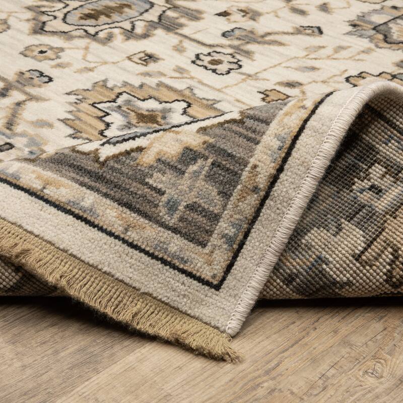 Adelaide Traditional Bordered Beige/ Grey Wool Blend Area Rug-
