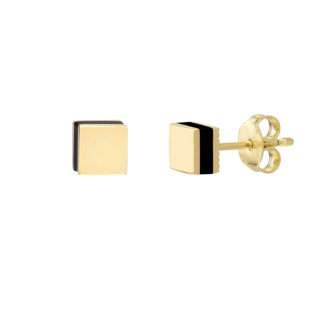 Curata 14k Yellow Gold Domed Square Stud Earrings - With Black Enamel Side