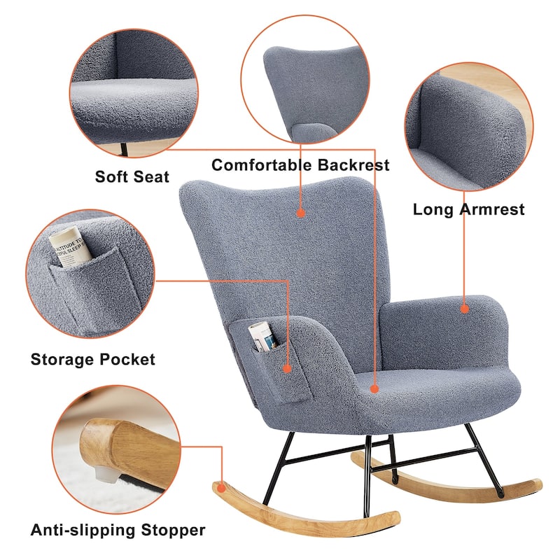 Javlergo Upholstered Teddy Rocking Chair with Storage Pockets Modern