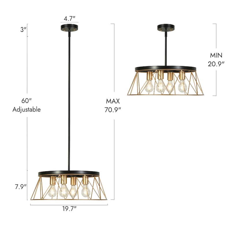 4-Light Modern Industrial Geometric Chandelier Black Gold Kitchen Island Light for Dining Room