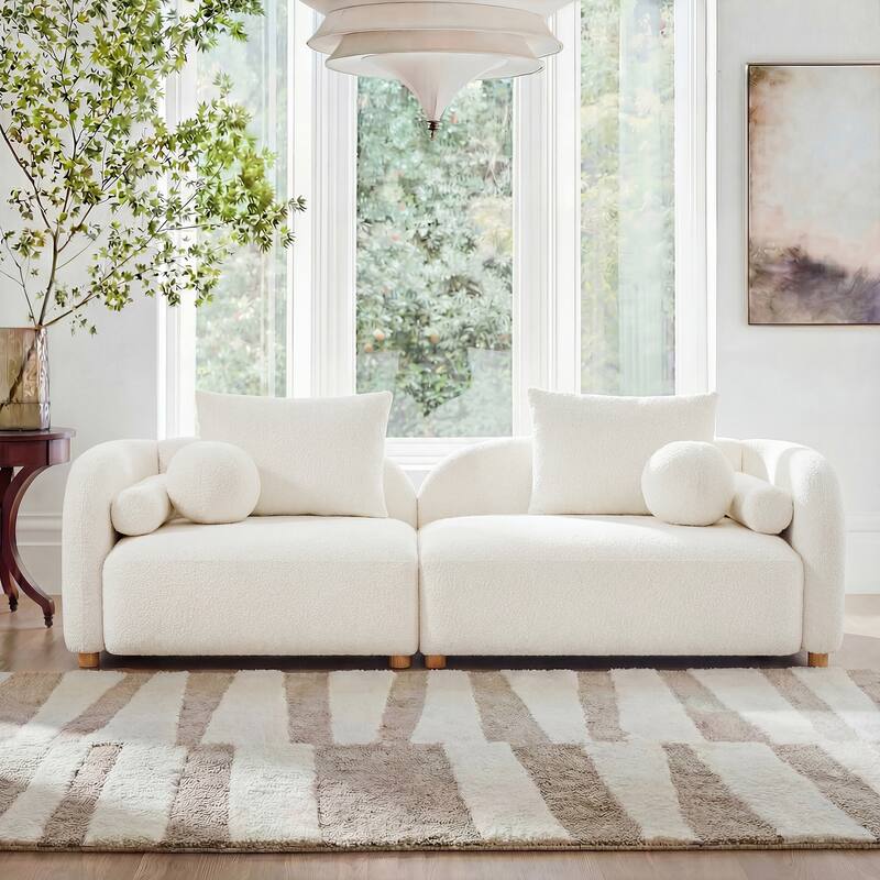 Mordern Cloud-Soft Boucle Sofa, Curved Back Boucle Loveseat with 6 Pillows