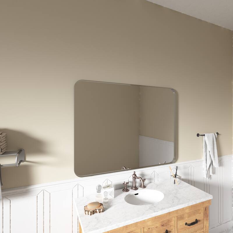 TOOLKISS Aluminum Alloy Round Corner Frame Vanity Mirror - 48 in. W x 36 in. H - Brushed Silver