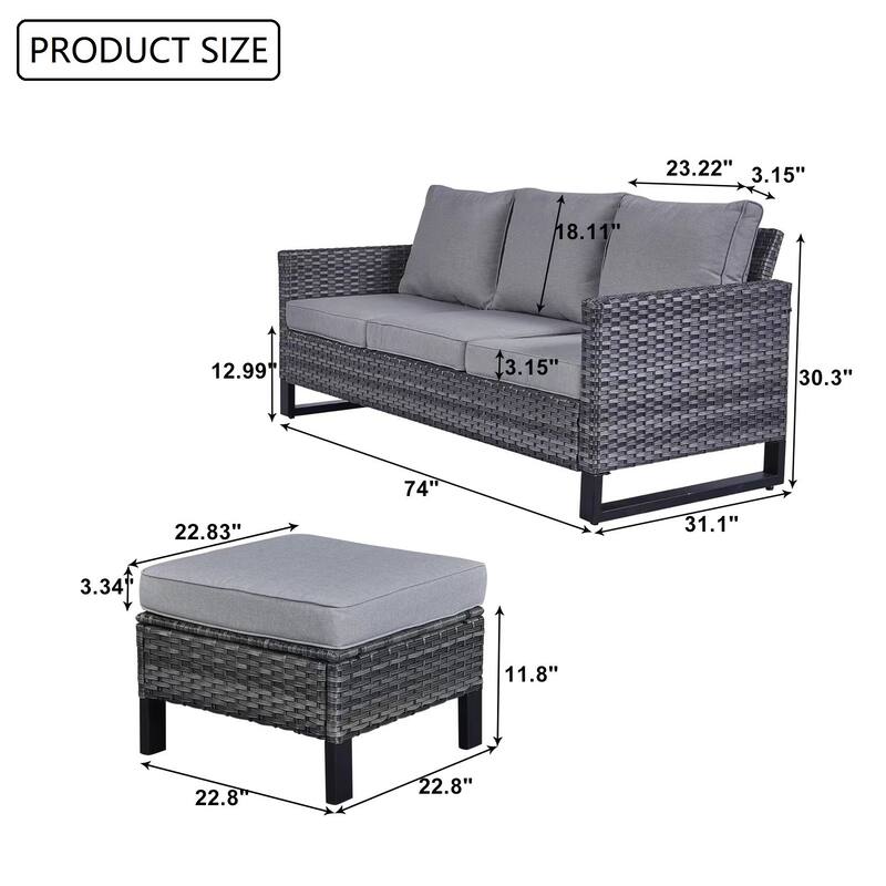 Gymojoy Outdoor Patio Furniture Sofa 3 Seater Wicker Sofa With Ottoman Set