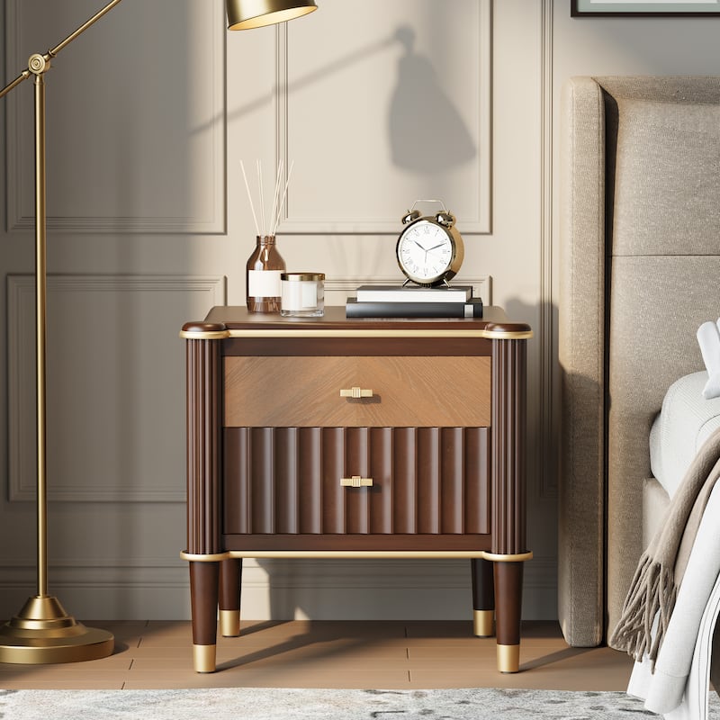 Christopher Knight Home - Lunaro Modern Fluted Nightstand with Wooden Legs and Drawers - Walnut