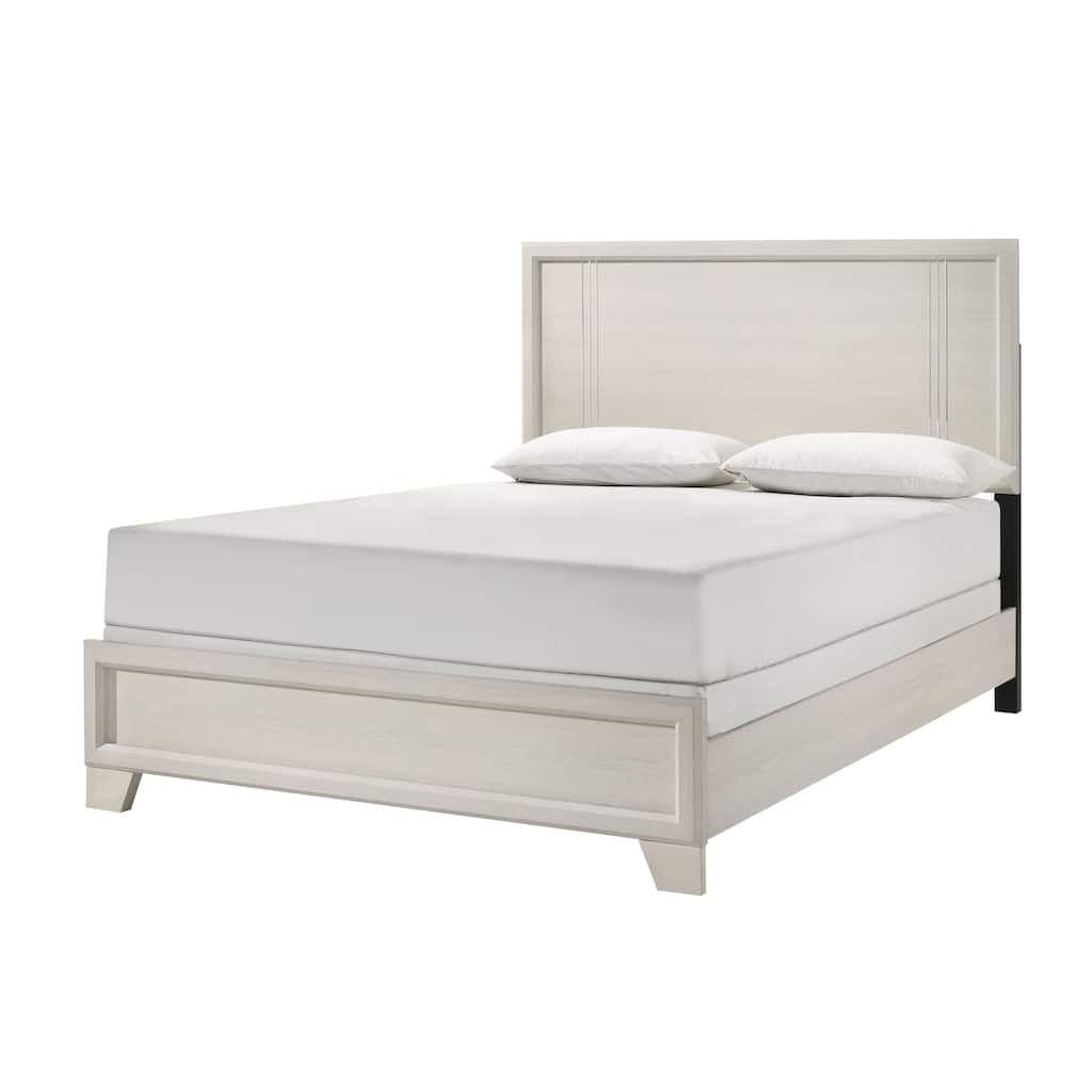 Queen Size Panel Bed with White/Beige Finish and Wood Veneer