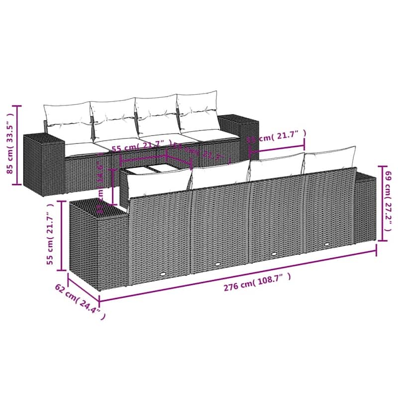 vidaXL Garden Sofa Set Black PE Rattan Large Adjustable Feet - 24.4 x 32.7 x 27.2