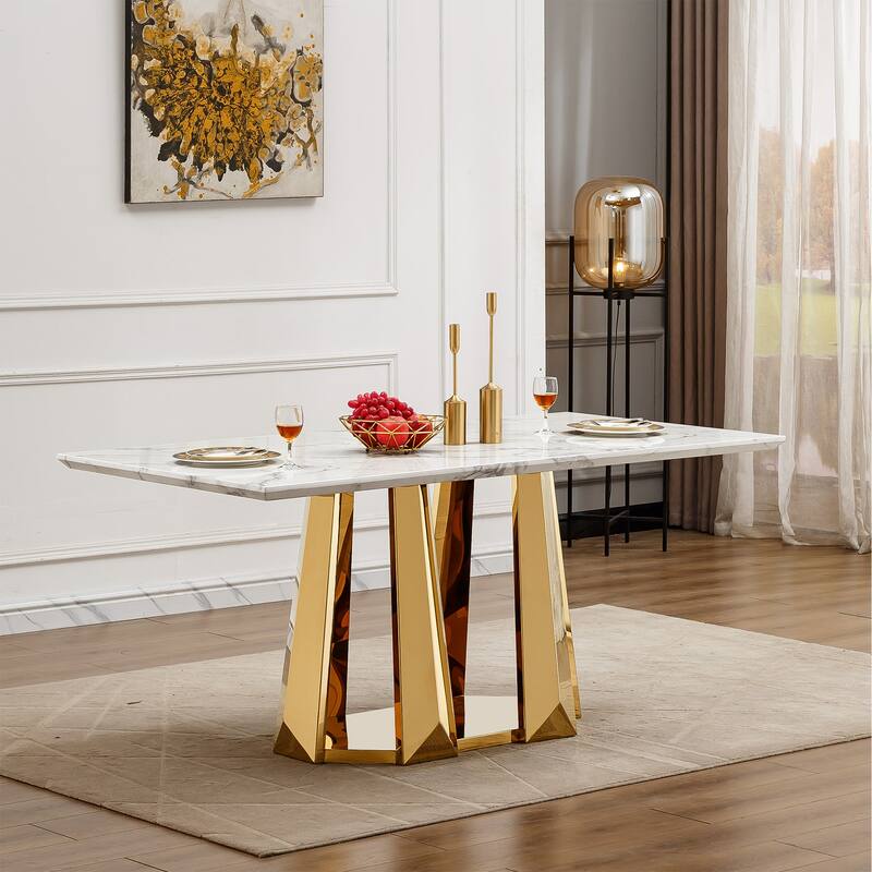 70'' Rectangle Faux Marble Dining Table with Mirrored Finish Stainless Steel Base - Gold+White