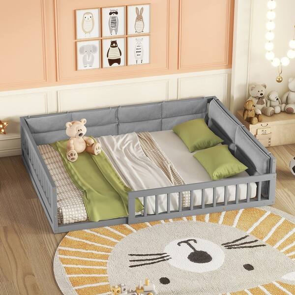 slide 2 of 12, Full Size Wood Platform Bed with Guardrail and Pillow Grey