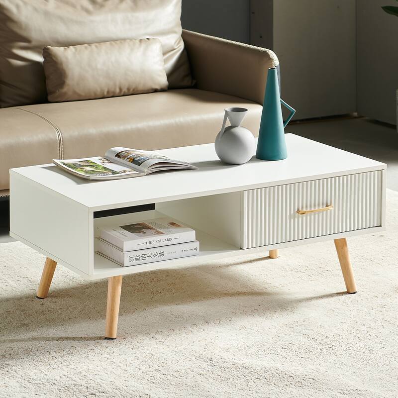 Rectangle Coffee Table with Solid Wood Legs, Sliding Drawer for Storage, Modern Table - White