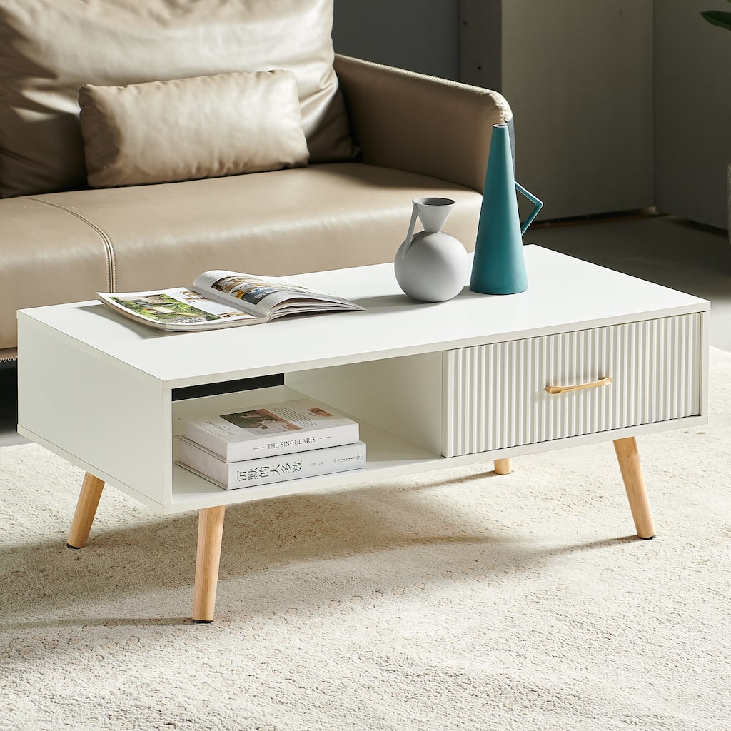 Rectangle Coffee Table with Solid Wood Legs, Sliding Drawer for Storage, Modern Table