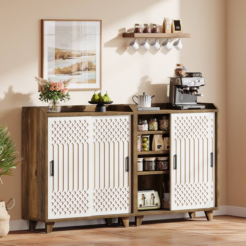 Modern Farmhouse Kitchen Sideboard Buffet Cabinet with Storage, Sliding Doors - Brown