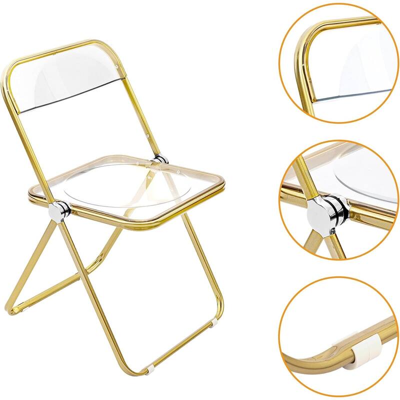 CangLong Modern Acrylic Stackable, Plastic Folding Dining Room Armless Chairs with Gold Metal Frame, Set of 2,Transparent