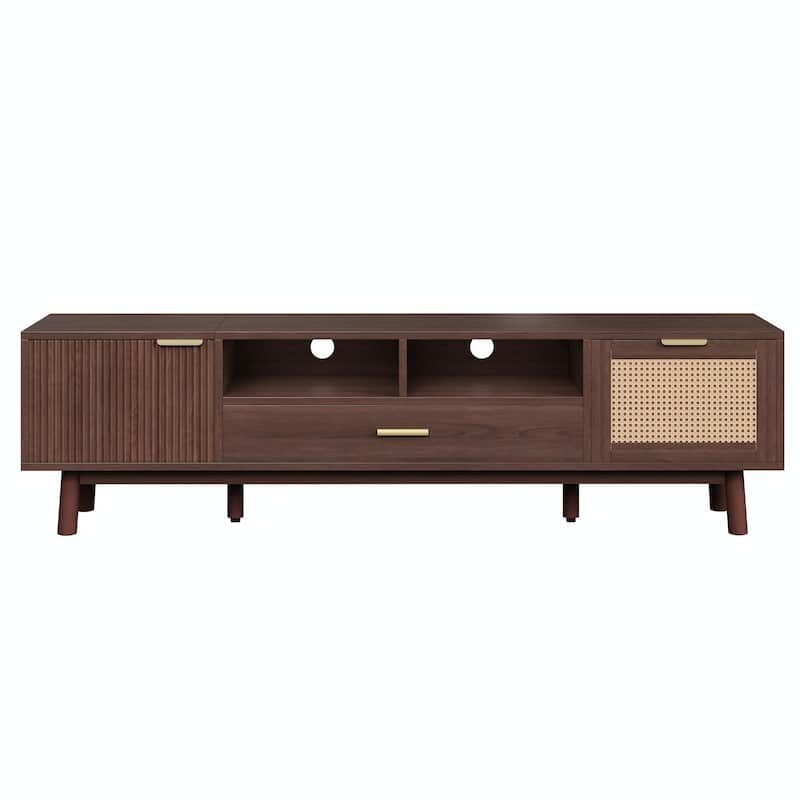 75" Wood TV Stand with Soft-Close Doors & Rattan Drawers