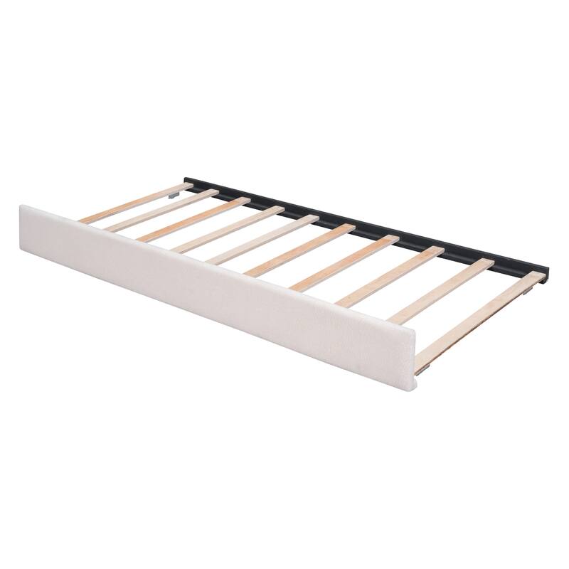 Full Size Platform Bed with Trundle and LED Headboard Teddy Fleece Upholstered Bed Frame