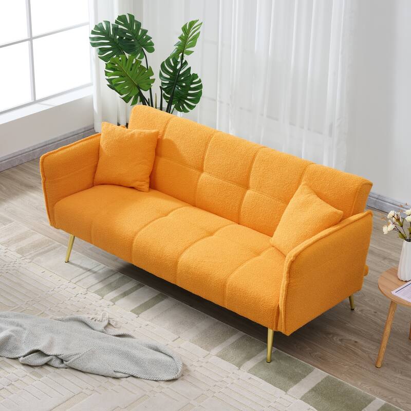 Convertible Sofa Couch Sleeper Sofa with Adjustable Backrest, Yellow Velvet Folding Sofa Bed with Wood Frame