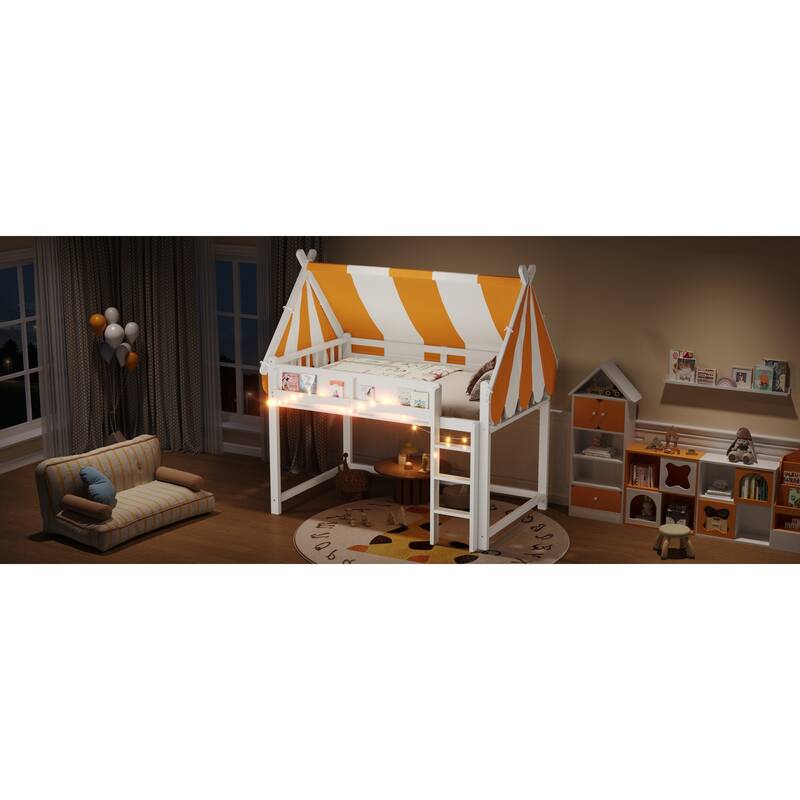 Roomfitters Twin/Full Size Loft Bed with Canopy, LED Lights and Book Shelf