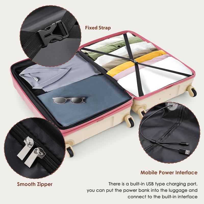 Luggage Set of 3, 20-inch with USB Port, Airline Certified Carry-on Luggage, ABS+PC Hard Shell Luggage with Spinner Wheels