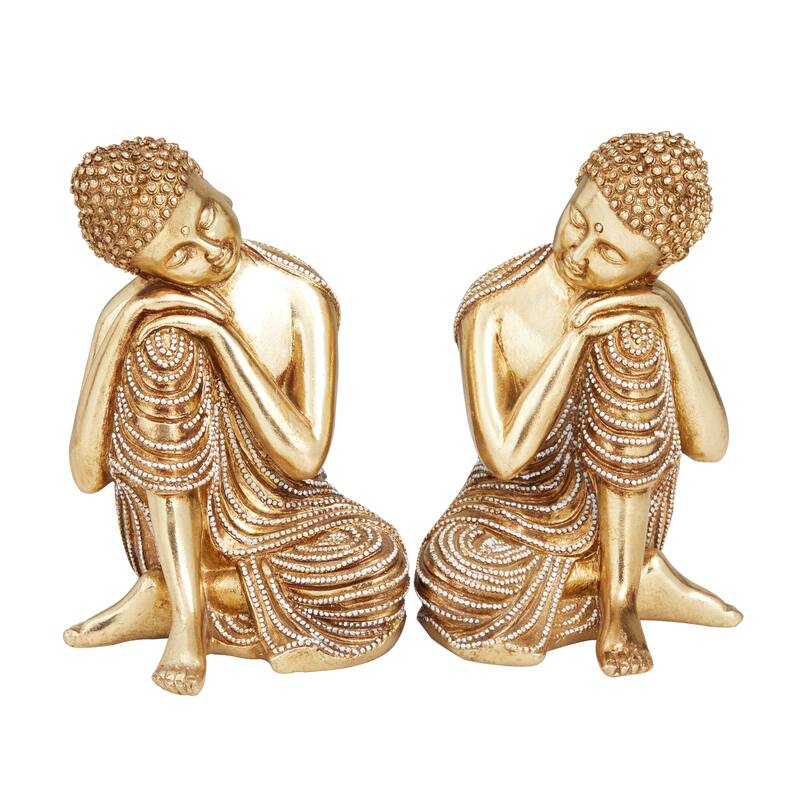 Gold Polystone Traditional Buddha Sculpture with Engraved Carvings and Relief Detailing (Set of 2) - 5 x 4 x 7
