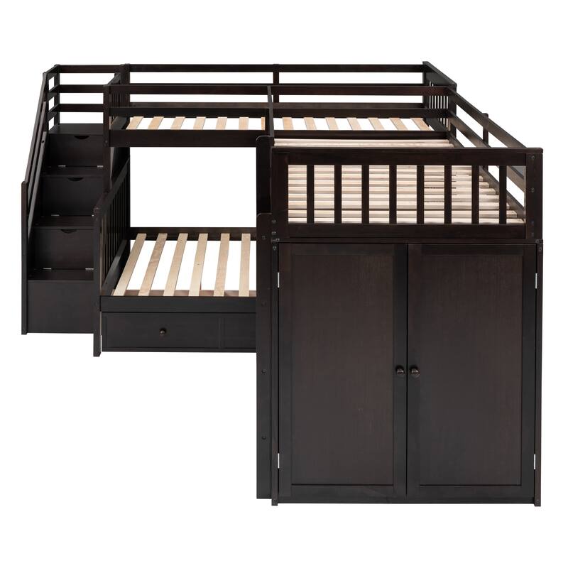L-Shaped Bunk Bed with Storage Stairs, Fold Desk, Wardrobe, Twin - Twin Over Full Bed with Pull-out Underneath Storage Drawers