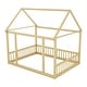 preview thumbnail 8 of 11, Natural Full Size Pine Wood Floor Wooden Bed with House Roof Frame and Safety Guardrails