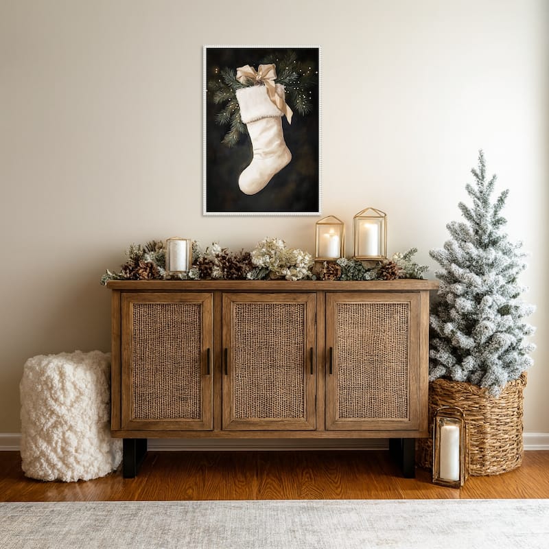 Christmas Stocking with Pine and Ribbon by Melloi Art Prints (23 x 33 in.), Framed Canvas Wall Art Print - Sylvie Beaded White