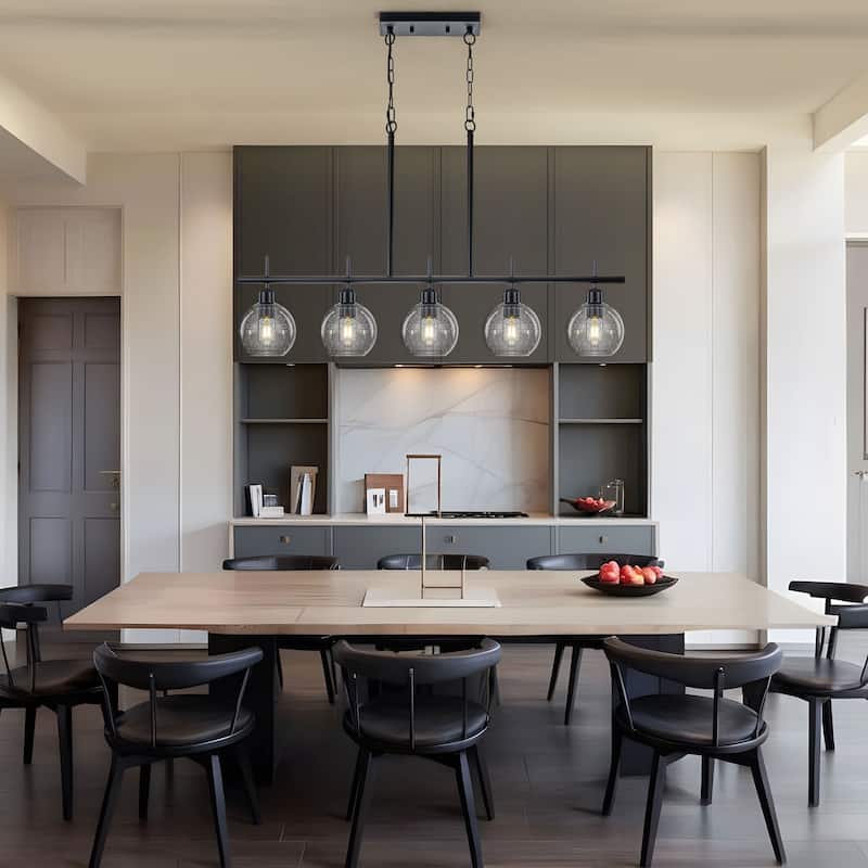 Starsky 5-Light Modern Linear Kitchen Island Pendant with Seeded Glass Globes, Adjustable Height, Black or Gold