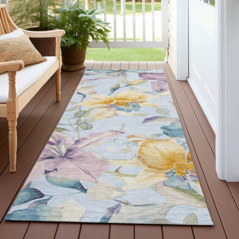 Machine Washable Indoor/ Outdoor Modern Floral Chantille Rug - Sky - 2'3" x 7'6"