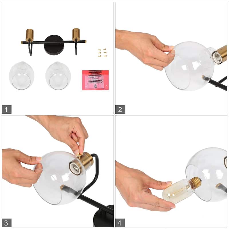 Modern 2-Light Black Gold Bathroom Vanity Light Wall Sconce with Clear Glass - 14.5" L x 8" W x 8.5" H